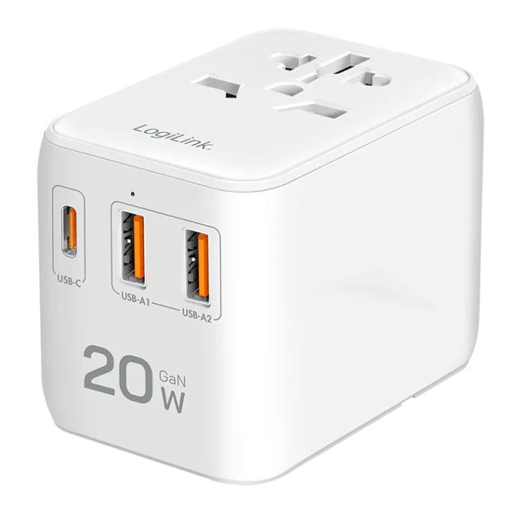 USB-A/C Reiseladegerät, 20 W, GaN, 3-fach, 2x USB-A (QC), 1x USB-C (PD), Slim Version, Weiß