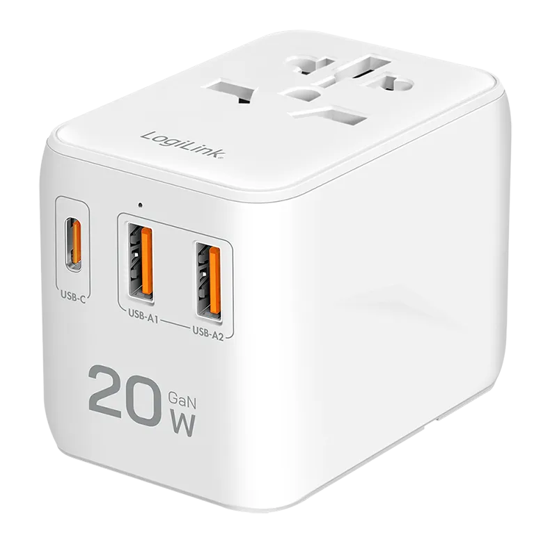 USB-A/C Reiseladegerät, 20 W, GaN, 3-fach, 2x USB-A (QC), 1x USB-C (PD), Slim Version, Weiß