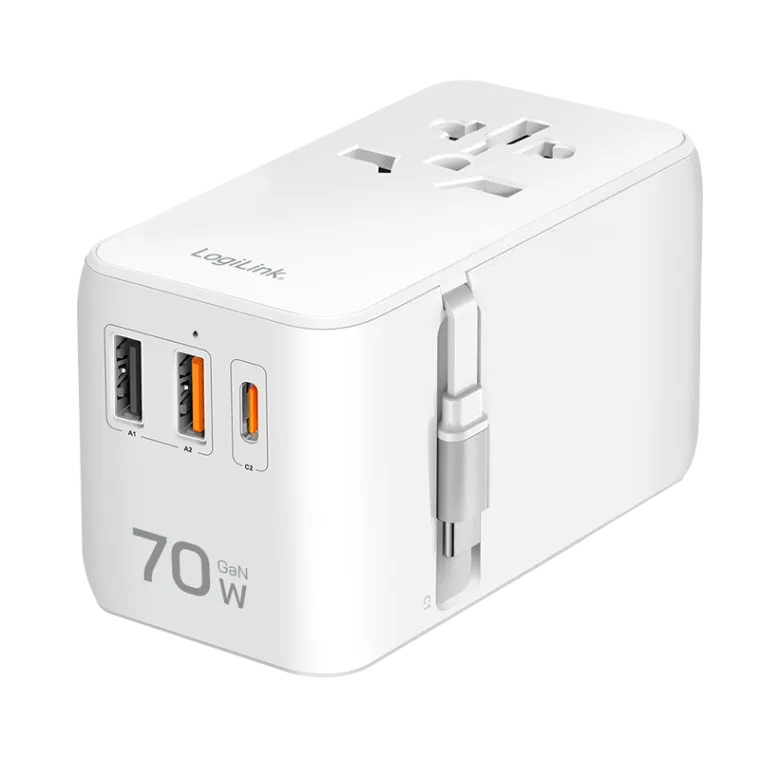 USB-A/C Reiseladegerät, 70 W, GaN, 4-fach, 2x USB-A (QC), 2x USB-C (PD), Slim Version, Weiß