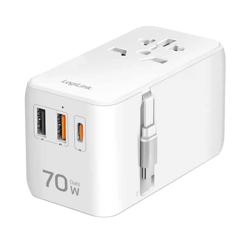 USB-A/C Reiseladegerät, 70 W, GaN, 4-fach, 2x USB-A (QC), 2x USB-C (PD), Slim Version, Weiß