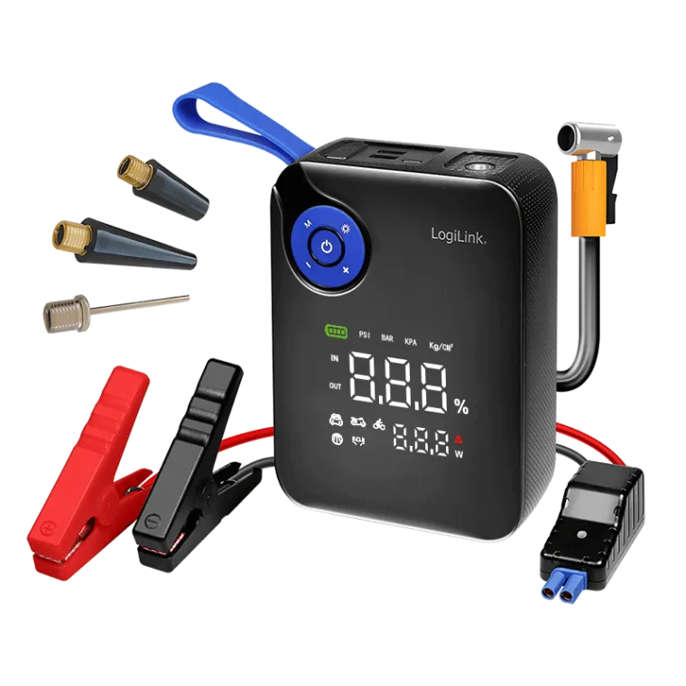 4-in-1-Starthilfegerät, Powerbank, Luftpumpe, Notlicht, 12 V/7200 mAh, schwarz