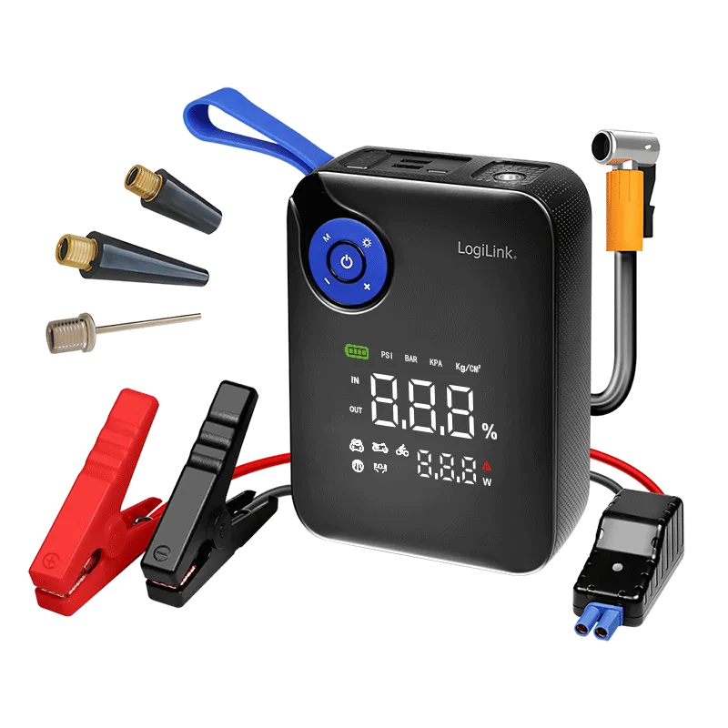 4-in-1-Starthilfegerät, Powerbank, Luftpumpe, Notlicht, 12 V/7200 mAh, schwarz