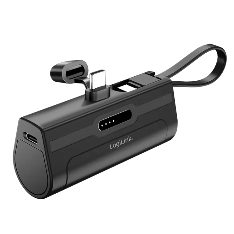 Kompakte Powerbank 4.500 mAh, integriertes USB-C-Kabel und Stecker mit Schutzkappe, 10 W