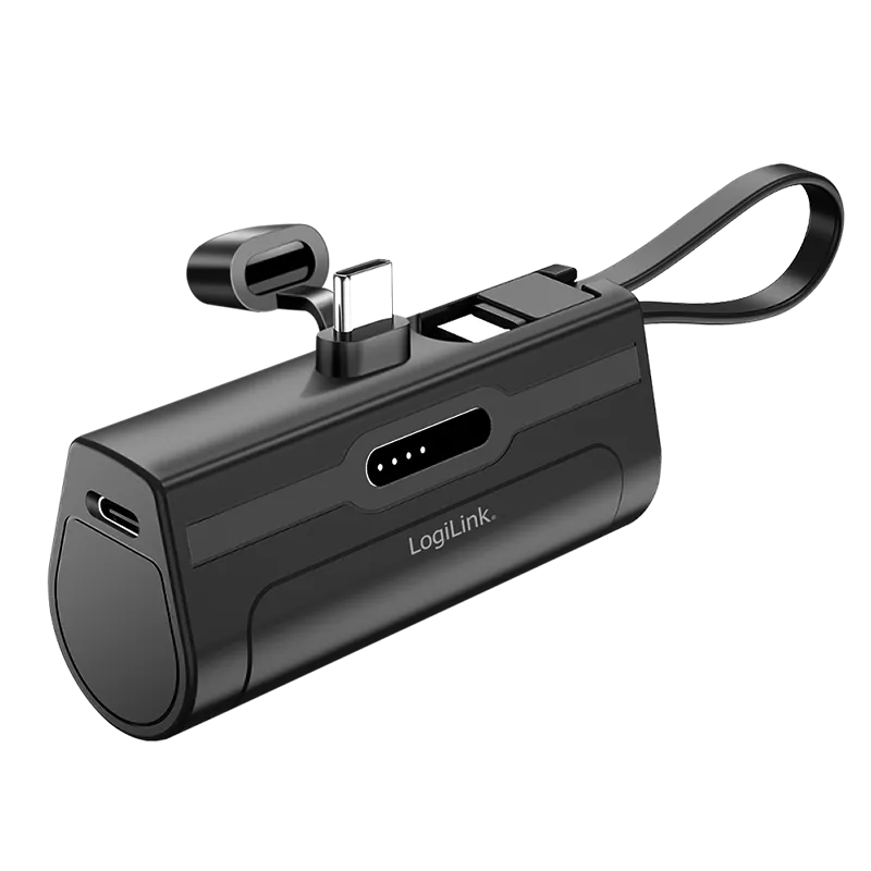 Kompakte Powerbank 4.500 mAh, integriertes USB-C-Kabel und Stecker mit Schutzkappe, 10 W
