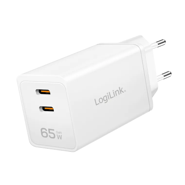 USB-C Ladegerät, 65 W, GaN, 2-fach, 2x USB-C (PD 3.0/QC 4.0), Weiß