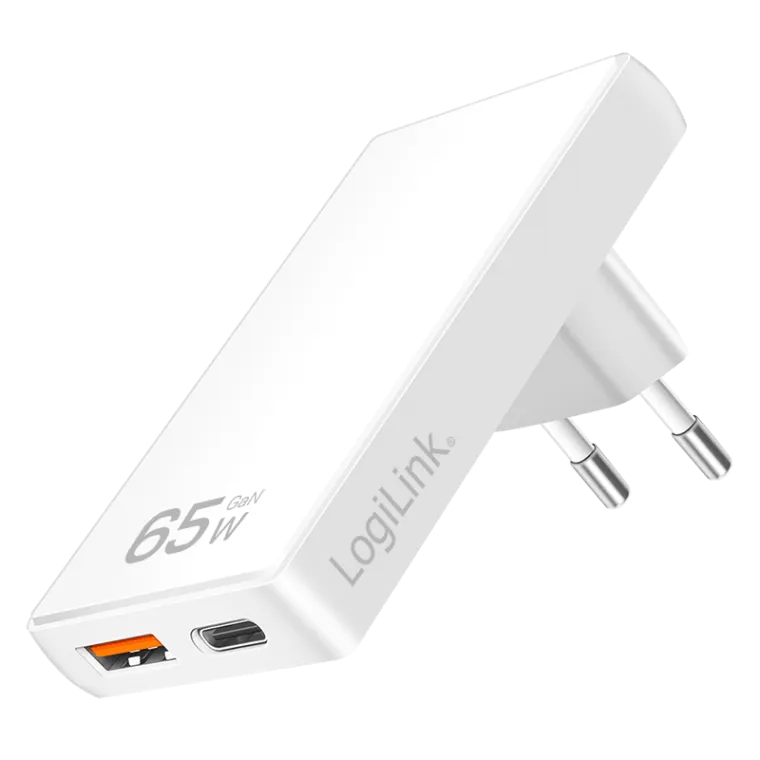 USB-A/C Ladegerät, 65 W, GaN, 2-fach, 1x USB-A (QC), 1x USB-C (PD), Slim Version, Weiß