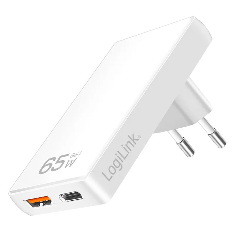 USB-A/C Ladegerät, 65 W, GaN, 2-fach, 1x USB-A (QC), 1x USB-C (PD), Slim Version, Weiß