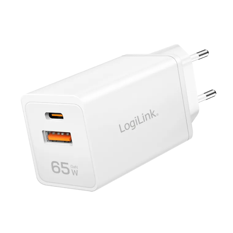 USB-A/C Ladegerät, 65 W, GaN, 2-fach, 1x USB-A (QC), 1x USB-C (PD), Weiß