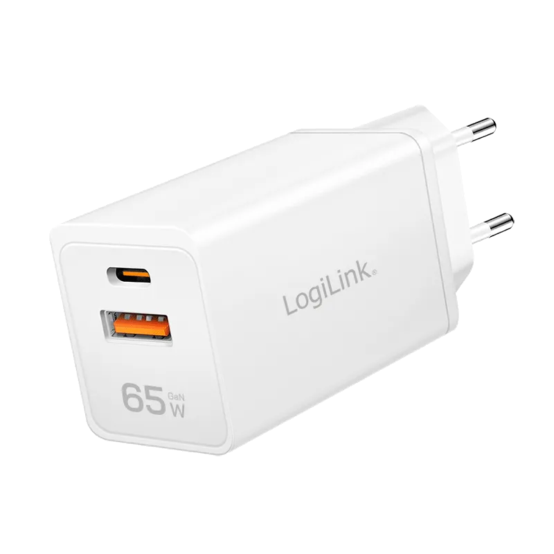 USB-A/C Ladegerät, 65 W, GaN, 2-fach, 1x USB-A (QC), 1x USB-C (PD), Weiß