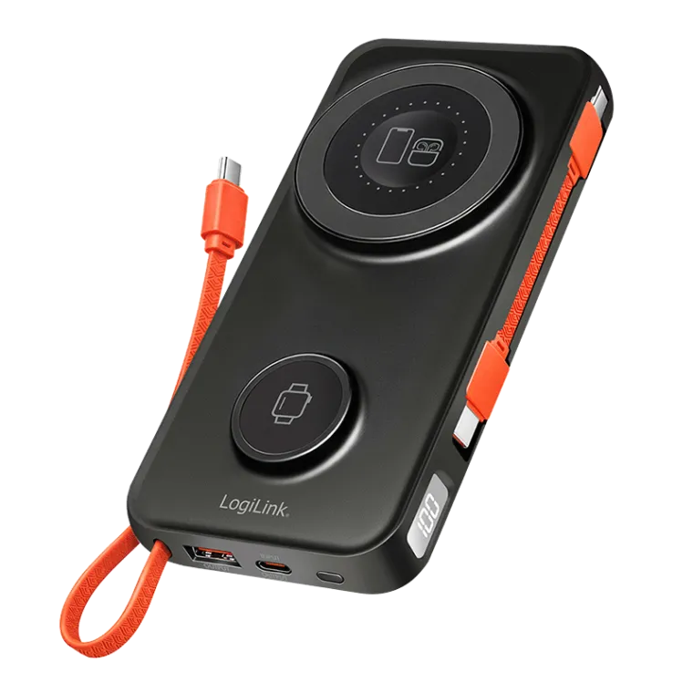 Powerbank 10.000 mAh, USB-A/C/kabellos-Laden, MagSafe, integriertes Kabel, AirPods, Apple Watch