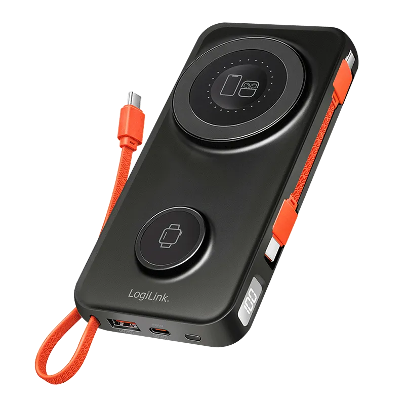 Powerbank 10.000 mAh, USB-A/C/kabellos-Laden, MagSafe, integriertes Kabel, AirPods, Apple Watch