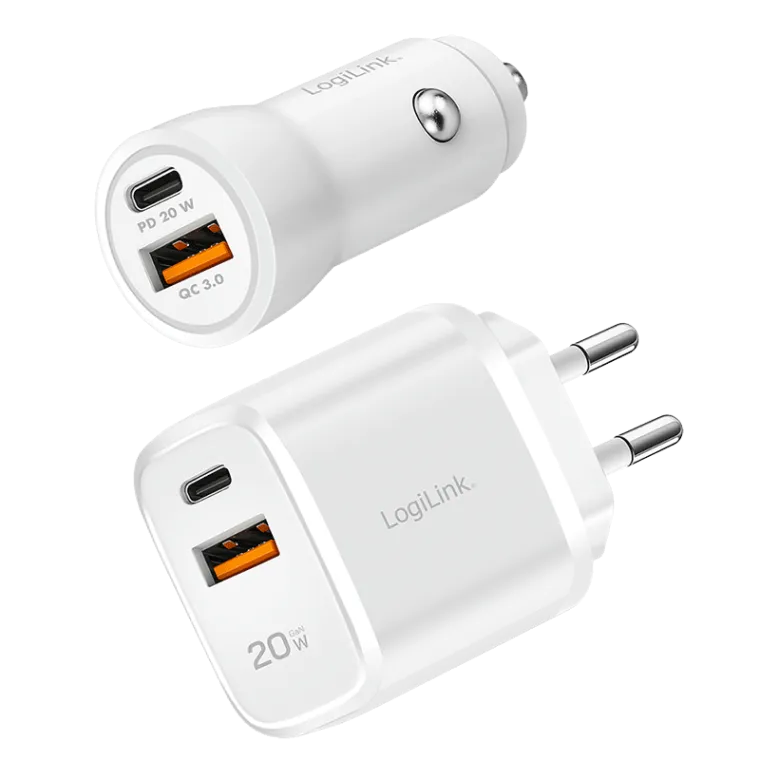 USB-A/C Ladeset, 20 W, 2-fach, je 1x USB-A, 1x USB-C, Weiß