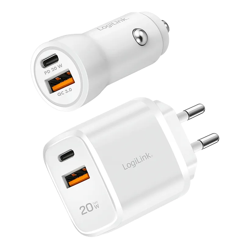 USB-A/C Ladeset, 20 W, 2-fach, je 1x USB-A, 1x USB-C, Weiß