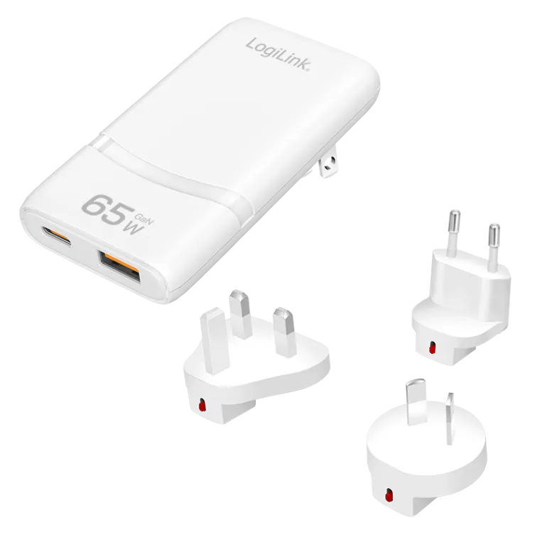 USB-A/C Reiseladegerät, 65 W, GaN, 2-fach, 1x USB-A (QC), 1x USB-C (PD), Slim Version, Weiß