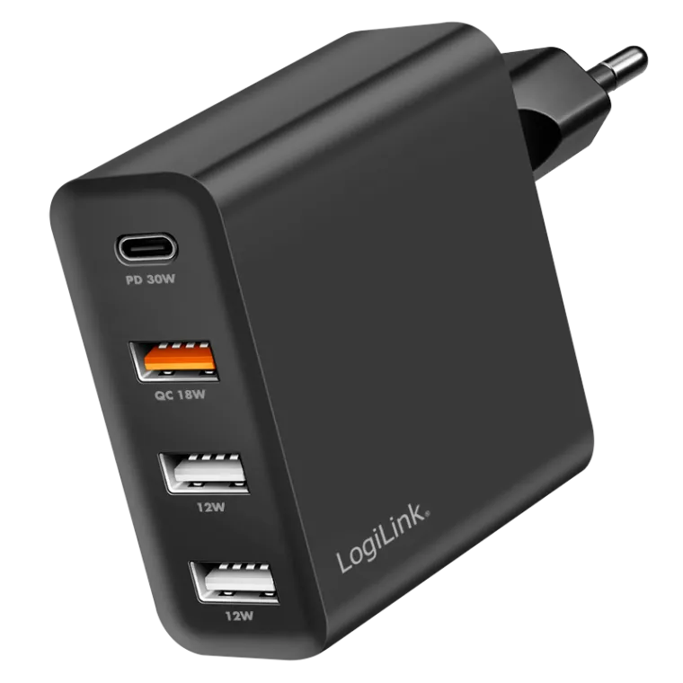 USB-A/C Ladegerät, 48 W, GaN, 4-fach, 3x USB-A (QC),1x USB-C (PD), Schwarz