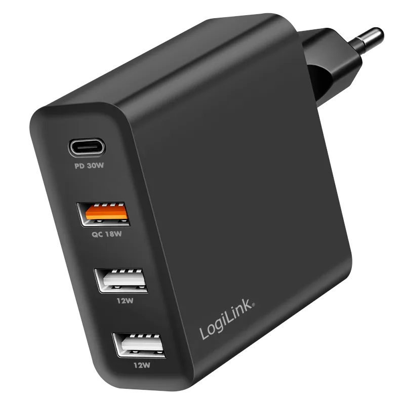 USB-A/C Ladegerät, 48 W, GaN, 4-fach, 3x USB-A (QC),1x USB-C (PD), Schwarz