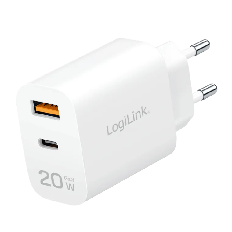 USB-A/C Ladegerät, 20 W, GaN, 2-port, 1x USB-A (QC), 1x USB-C (PD), Weiß