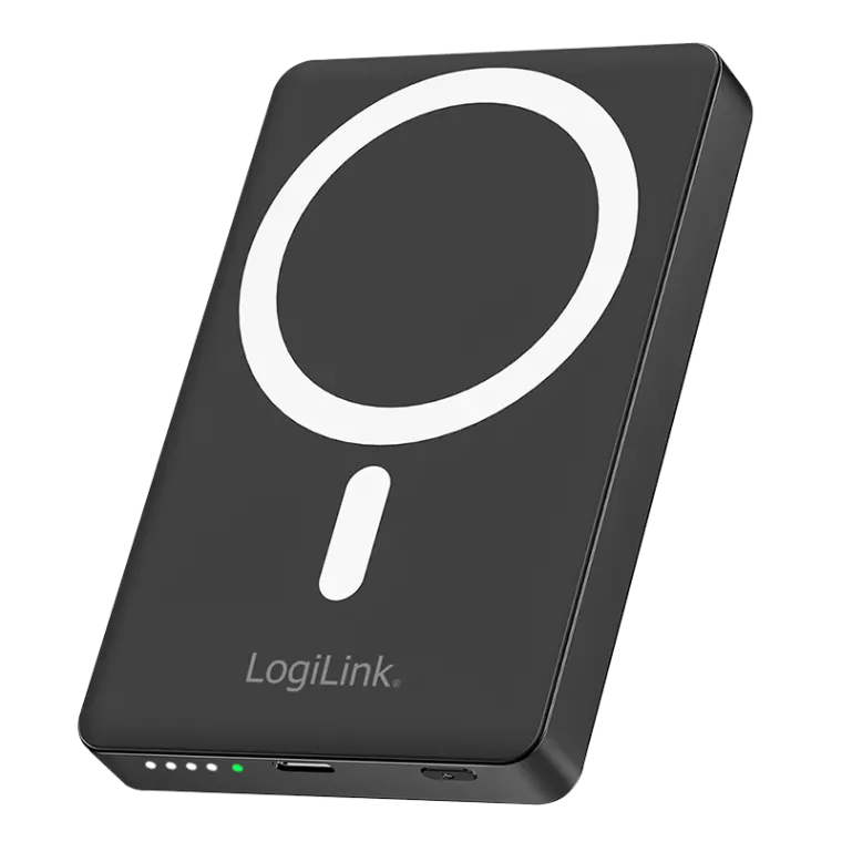 Powerbank 10.000 mAh, USB-C+kabelloses Laden, 20 W, mit Aufsteller, 3,7 Li-Po, schwarz