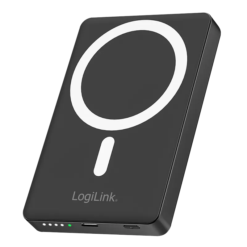 Powerbank 10.000 mAh, USB-C+kabelloses Laden, 20 W, mit Aufsteller, 3,7 Li-Po, schwarz