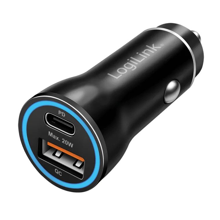 USB-Kfz-Ladeadapter, 20 W, 1x USB-C PD, 1x USB-A QC, LED-Ring, Schwarz