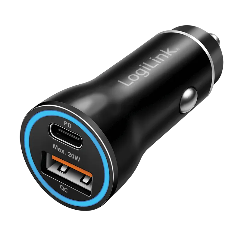 USB-Kfz-Ladeadapter, 20 W, 1x USB-C PD, 1x USB-A QC, LED-Ring, Schwarz