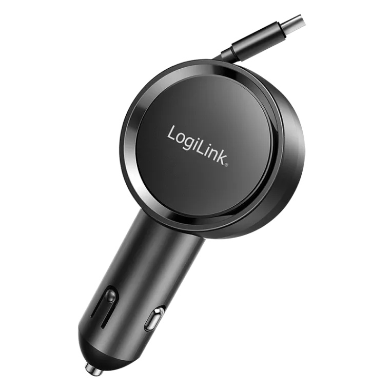 Kfz-Ladegerät 30 W mit 80 cm einziehbarem USB-C-Ladekabel, schwarz