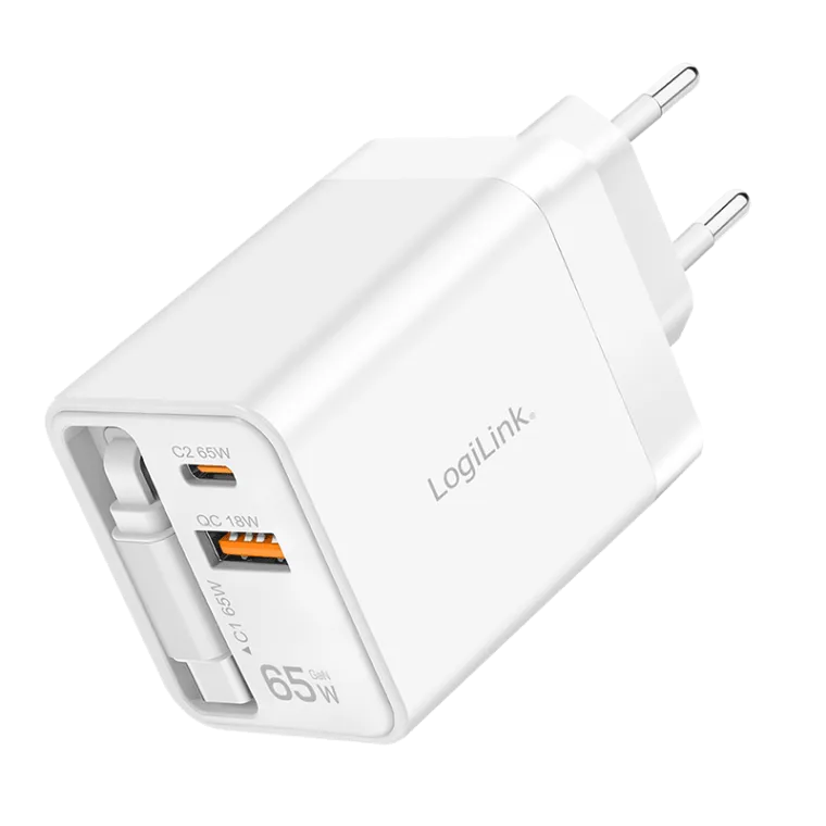 USB-A/C Ladegerät, 65 W, GaN, 3-fach, 1x USB-A (QC), 1x USB-C, 1x USB-C Kabel (PD), Weiß