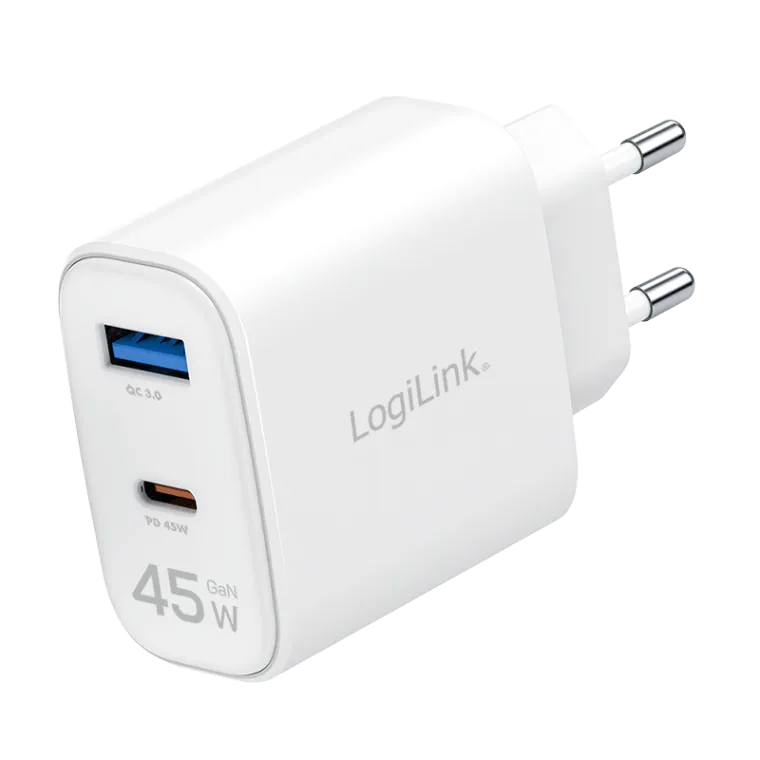 USB-A/C Ladegerät, 45 W, GaN, 2-fach, 1x USB-A (QC), 1x USB-C (PD), Weiß
