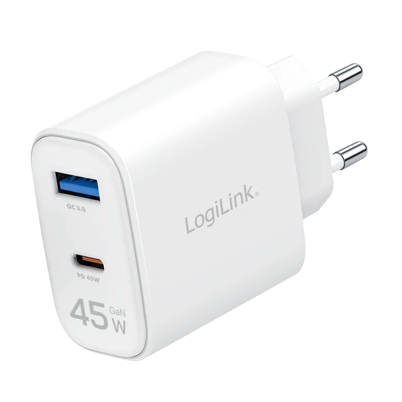 USB-A/C Ladegerät, 45 W, GaN, 2-fach, 1x USB-A (QC), 1x USB-C (PD), Weiß
