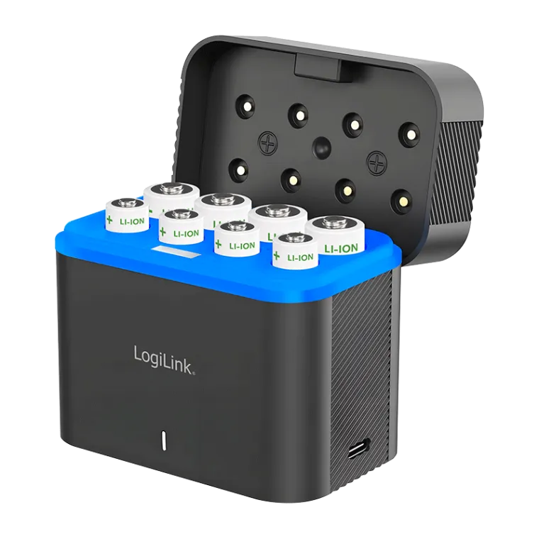 Akku-Ladegerät inklusive 4x AA/4x AAA Lithium-Ionen-Akkus, 15 W, Schwarz/Blau
