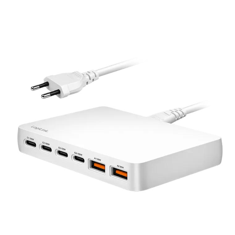 USB-A/C Tischladegerät, 100 W, GaN, 6-fach, 2x USB-A (QC), 4x USB-C (PD), Weiß