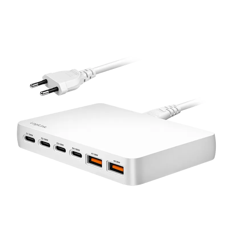 USB-A/C Tischladegerät, 100 W, GaN, 6-fach, 2x USB-A (QC), 4x USB-C (PD), Weiß