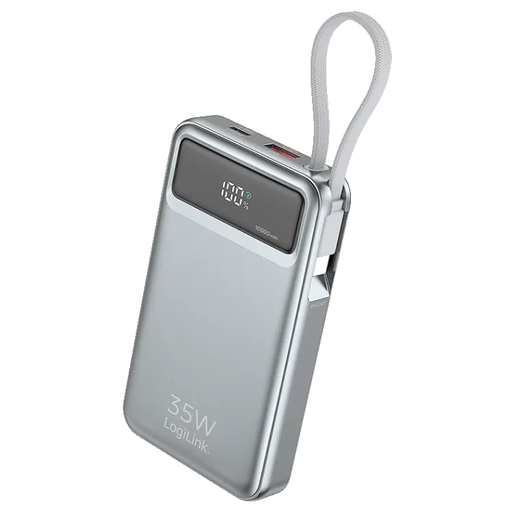 Mobile Powerbank, LiPo, 10.000 mAh, USB-A + 2x USB-C, PD 35 W, Grau