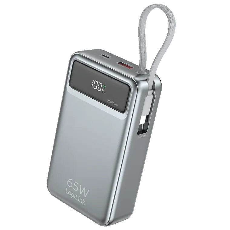 Mobile Powerbank, LiPo, 20.000 mAh, USB-A + 2x USB-C, PD 65 W, Grau