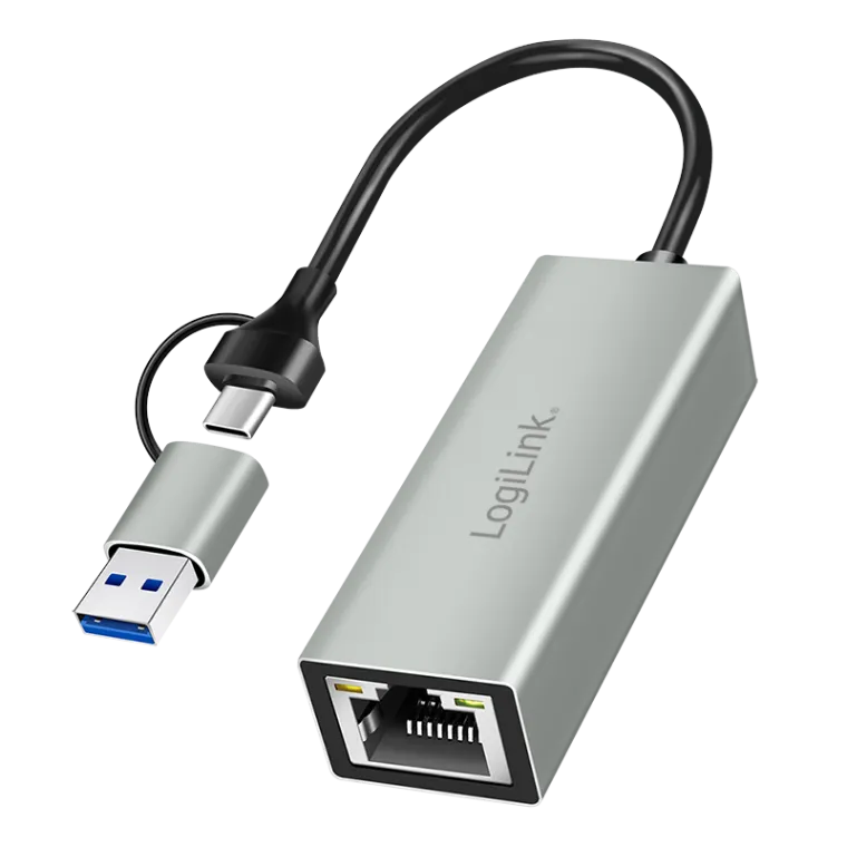 USB-C zu Gigabit Ethernet-Adapter mit 2-in-1 USB-Anschluss, grau