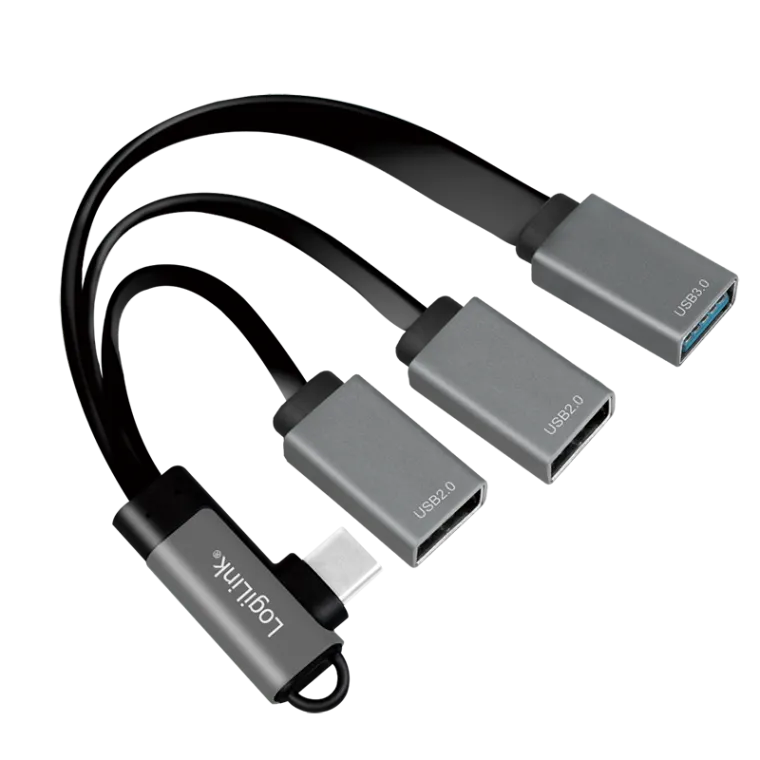 USB 3.2 Gen1-Hub, USB-C/M (90°) zu 3x USB-A/F, Alu,schw./gr., 0,15m