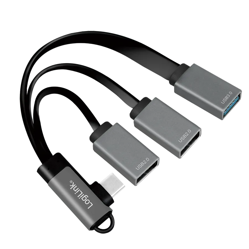 USB 3.2 Gen1-Hub, USB-C/M (90°) zu 3x USB-A/F, Alu,schw./gr., 0,15m
