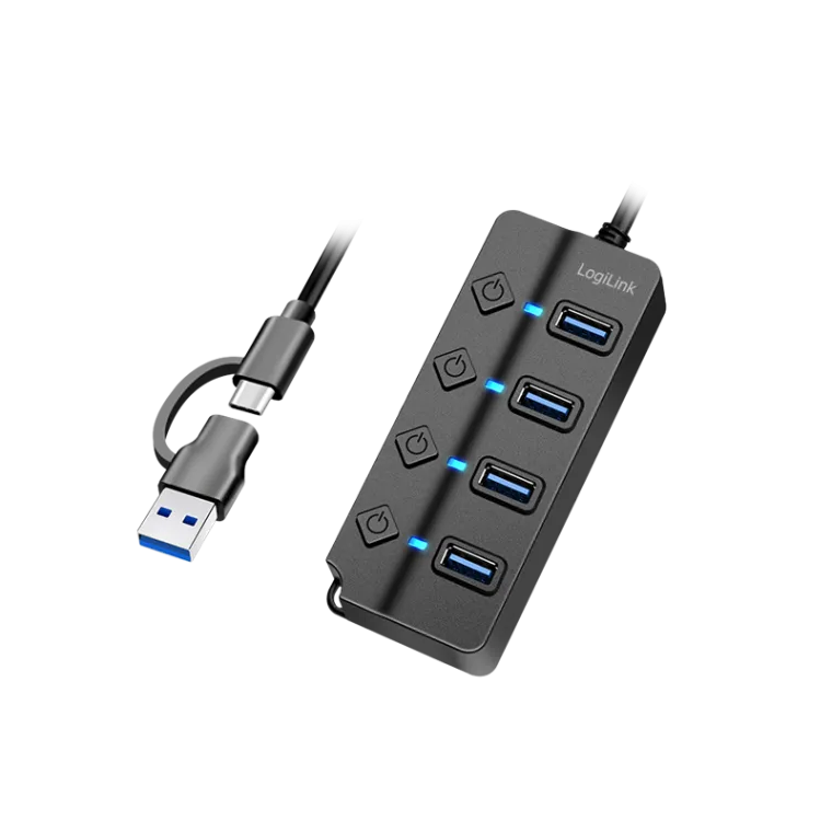USB 3.2 Gen1 Hub, 4x USB-Ports, Ein-/Aus-Schalter, Schwarz