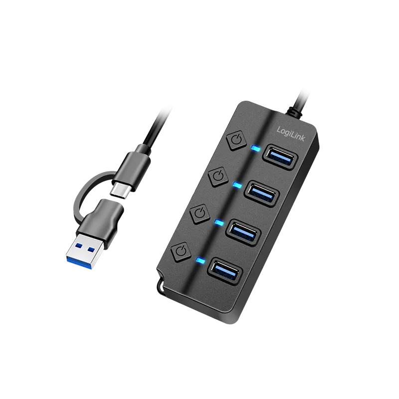 USB 3.2 Gen1 Hub, 4x USB-Ports, Ein-/Aus-Schalter, Schwarz