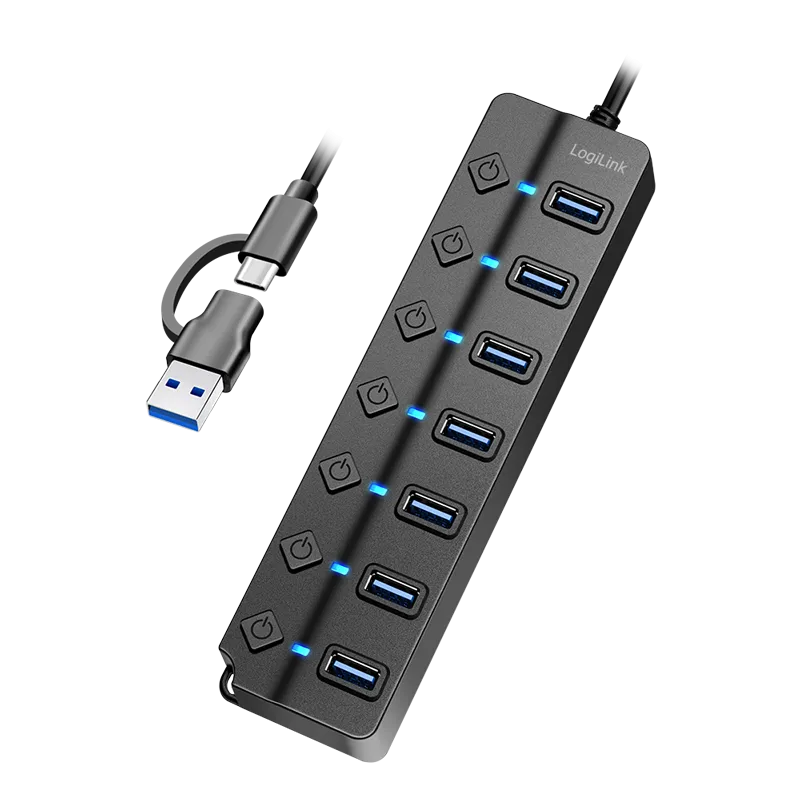 USB 3.2 Gen1 Hub, 7x USB-Ports, Ein-/Aus-Schalter, Schwarz
