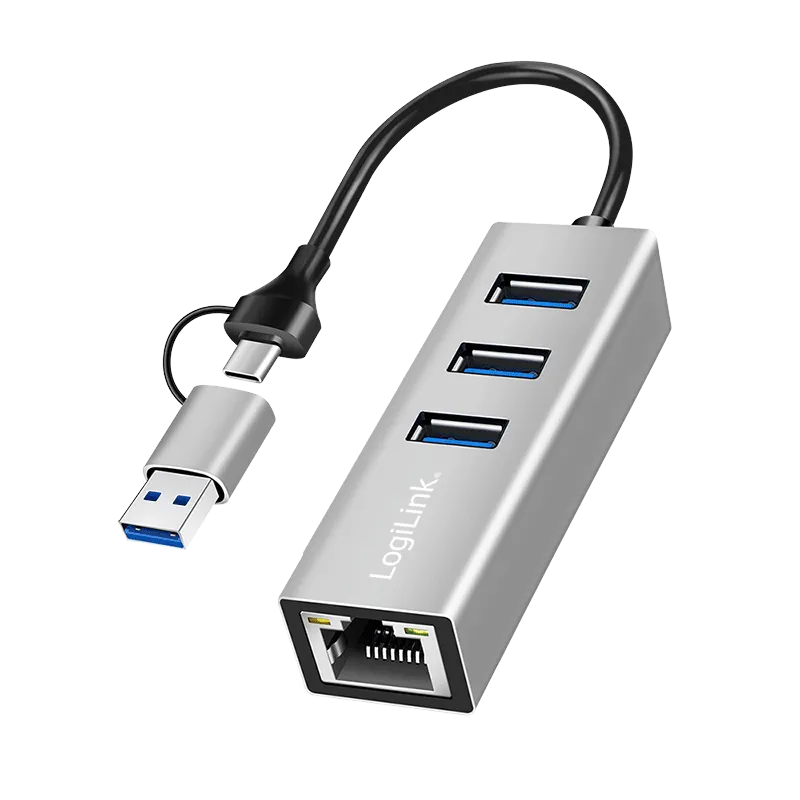 USB 3.2 Gen 1 Hub, 3x USB-A, 1x RJ45, 2-in-1 Anschlusskabel, Silber