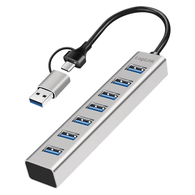 USB 3.0 Hub, 7-Ports, 7x USB-A, 2-in-1 Anschlusskabel, 5 Gbit/s, Silber