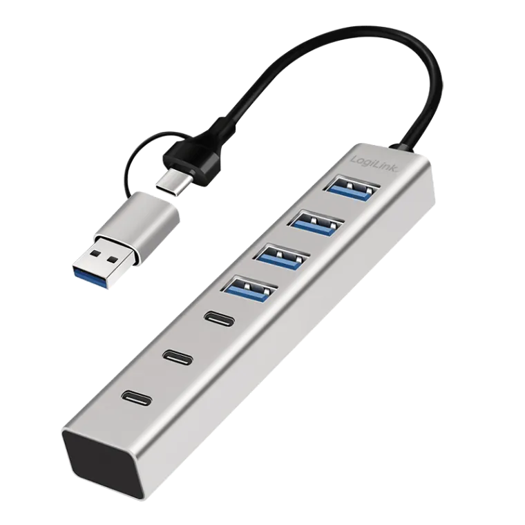 USB 3.0 Hub, 7-Ports, 4x USB-A, 3x USB-C, 2-in-1 Anschlusskabel, 5 Gbit/s, Silber