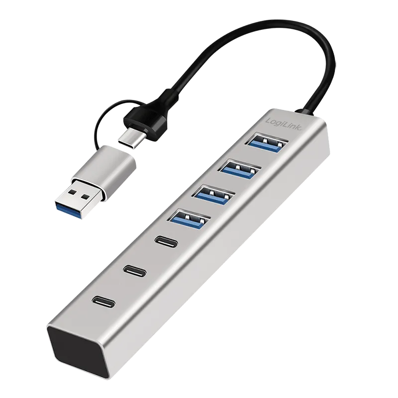 USB 3.0 Hub, 7-Ports, 4x USB-A, 3x USB-C, 2-in-1 Anschlusskabel, 5 Gbit/s, Silber