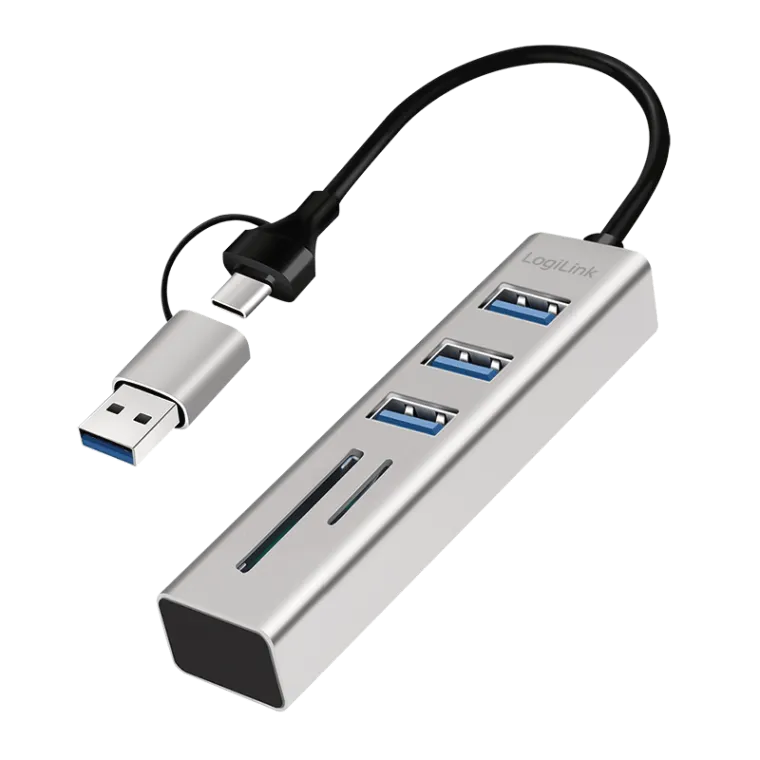 USB 3.0 Hub, 3x USB-A, SD/microSD-Slot, 2-in-1 Anschlusskabel, 5 Gbit/s, Silber