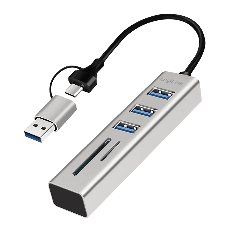 USB 3.0 Hub, 3x USB-A, SD/microSD-Slot, 2-in-1 Anschlusskabel, 5 Gbit/s, Silber