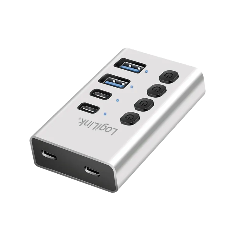 USB 3.2 Gen1-Hub, 4-Ports mit Kabel/Adapter, USB-A/C, Ein-/Ausschalter, Aluminium