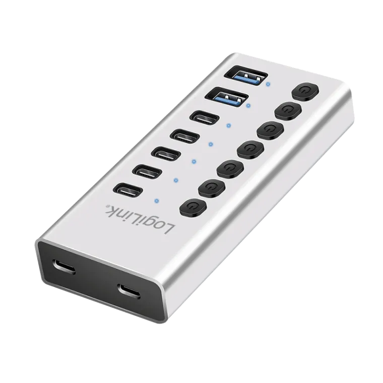 USB 3.2 Gen1-Hub, 7-Ports mit Kabel/Adapter, USB-A/C, Ein-/Ausschalter, Aluminium