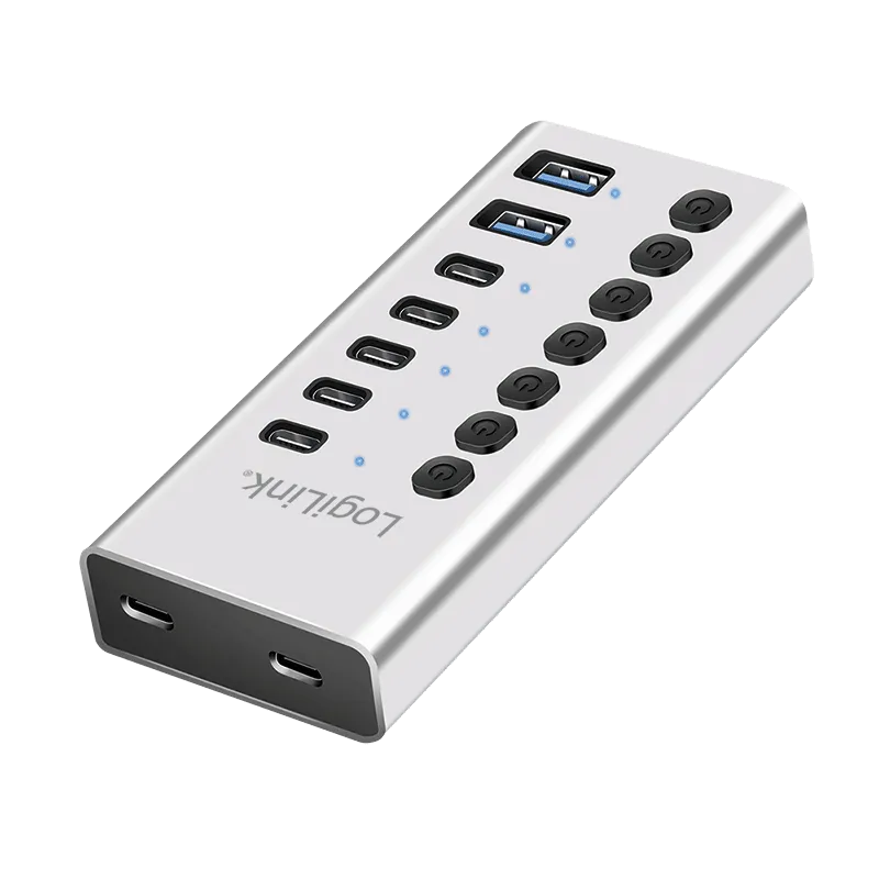 USB 3.2 Gen1-Hub, 7-Ports mit Kabel/Adapter, USB-A/C, Ein-/Ausschalter, Aluminium