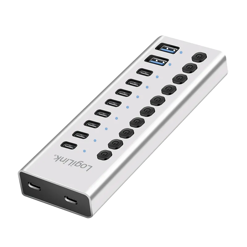 USB 3.2 Gen1-Hub, 10-Ports mit Kabel/Adapter, USB-A/C, Ein-/Ausschalter, Aluminium